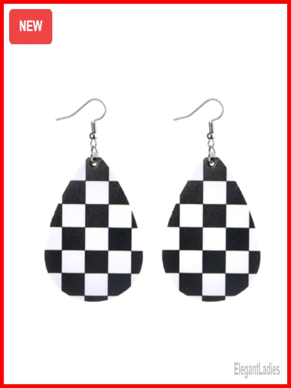Checkerboard Teardrop Leather Dangle Earrings Lightweight